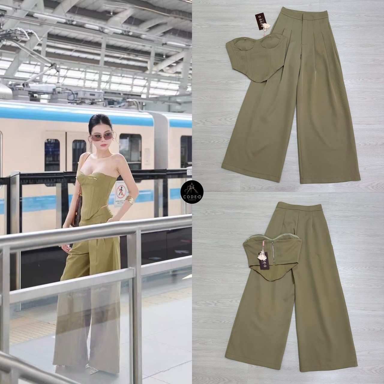 (ป้าย CODE-D) Set 2 ชิ้น สีเขียวขี้ม้าอ่อน เสื้อเกาะอกดีไซน์ชายเสื้อเว้าโค้ง