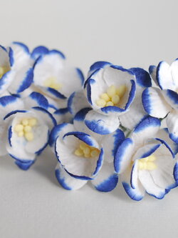 ดอกไม้กระดาษสา ดอกซากุระกระดาษ ดอกไม้กระดาษสาราคาส่ง ดอกไม้กระดาษสำหรับตกแต่งของชำร่วย งานแต่งงาน ทำช่อดอกไม้ติดอกเจ้าบ่าว ข้อมือดอกไม้เจ้าสาว ขนาด2.5 cm. 50 ดอก สีน้ำเงินกรมท่าปัดขาว Paper flowers supplies: DIY wedding tools Cherry blossom (Sakura) 50 pc