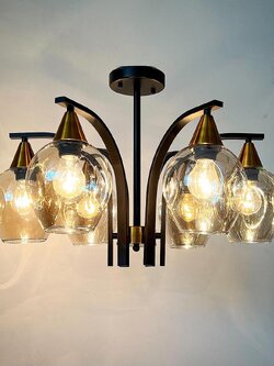 โคมไฟเพดาน H9344-6 แก้วใสหรู โครงดำทอง