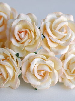 ดอกไม้กระดาษสา ดอกกุหลาบกระดาษสา ดอกไม้กุหลาบ กลีบโค้ง ดอกไม้ประดิษฐ์ สำหรับตกแต่ง หรืองานแต่งงาน สีพีชอ่อนปัดครีมขนาด 3.5 cm. จำนวน 25 ดอก Paper flowers, handmade flowers, small roses paper size 3.5 cm. 25 pieces, peach brush cream color.