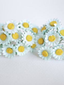 ดอกทานตะวันกระดาษ ดอกไม้กระดาษสา ดอกไม้ประดิษฐ์จากกระดาษสา ดอกทานตะวัน ดอกไม้กระดาษสาขายส่ง ดอกไม้ประดิษฐ์ ดอกไม้ทำข้อมือเพื่อนเจ้าสาว ขนาด 1.5 cm. จำนวน 100 ดอก สีมิ้นท์ Paper Flower, Sun Flowers, mint color, size 1.5 cm 100 pieces, yellow pollen.