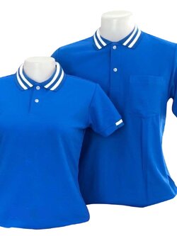 เสื้อโปโล สีน้ำเงินฟ้า ปก แขน ทอลายเส้นสีขาว
