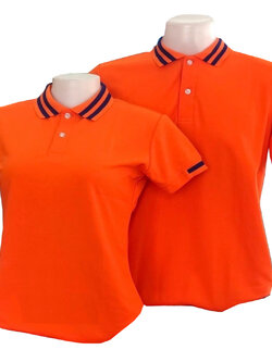 เสื้อโปโล สีส้ม ปก แขนทอลายเส้นสีน้ำเงินกรมท่า