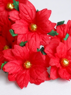 ดอกไม้กระดาษสา ดอกคริสมาส ดอกไม้กระดาษสาราคาส่ง ดอกไม้กระดาษสำหรับตกแต่งของชำร่วย งานแต่งงาน ทำช่อดอกไม้ติดอกเจ้าบ่าว ข้อมือดอกไม้เจ้าสาว ขนาด5.5cm. 25 ดอก สีแดง เกสรสีทอง Paper flowers supplies: DIY wedding tools: christmas flowers in red color.