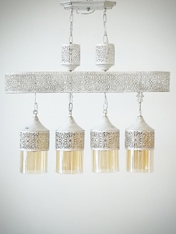 โคมไฟแขวน 6913/4P ลายฉลุขาววินเทจ แก้วทรงกระบอก