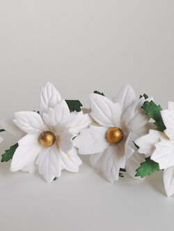 ดอกไม้กระดาษสา ดอกคริสมาส ดอกไม้กระดาษสาราคาส่ง ดอกไม้กระดาษสำหรับตกแต่งของชำร่วย งานแต่งงาน ทำช่อดอกไม้ติดอกเจ้าบ่าว ข้อมือดอกไม้เจ้าสาว ขนาด 5.5 cm. 20 ดอก สีขาว เกสรสีทอง Paper flowers supplies: DIY wedding tools: christmas flowers in white color.