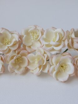 ดอกไม้กระดาษสา ดอกกุหลาบกระดาษสา ดอกไม้กุหลาบ กลีบโค้ง ดอกไม้ประดิษฐ์ สำหรับตกแต่ง หรืองานแต่งงาน สีพีชอ่อนปัดครีมขนาด 3.5 cm. จำนวน 25 ดอก เกสรสีครีม Paper flowers, handmade flowers, small roses paper size 3.5 cm. 25 pieces, peach brush cream color. poll
