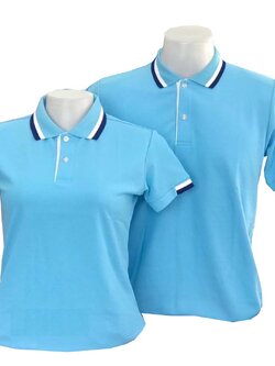 เสื้อโปโลสีฟ้า ปก แขน ทอลายแถบสีน้ำเงินกรมท่า สีขาว
