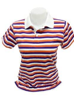 เสื้อโปโลลายทาง เสื้อโปโลลายริ้ว สีม่วง ส้ม ขาว ปกสีขาว