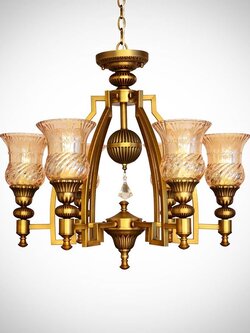 โคมไฟระย้า H25970/6 สีทองวินเทจ แก้วลายเกลียว หรูหราสุดคลาสสิก