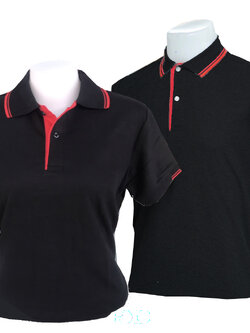 เสื้อโปโลสีดำ TK แขนจั๊มครึ่งเดียว ปก แขนมีลายเส้นสีแดง สาบแดง