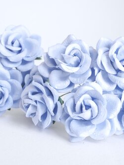 ดอกไม้กระดาษสา ดอกกุหลาบกระดาษสา ดอกไม้กุหลาบ กลีบโค้ง ดอกไม้ประดิษฐ์ สำหรับตกแต่ง หรืองานแต่งงาน สีน้ำเงินตุ่น ขนาด 3.5 cm. จำนวน 25 ดอก Paper flowers, handmade flowers, small roses paper size 3.5 cm. 25 pieces, pale blue color.