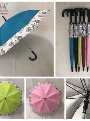 ร่มยาว 24นิ้ว แกน14มิล สีพื้นต่อชายลายดอก ยูวีใน ด้ามงอ ชิ้น SKU-00128 2020-01-30 13:08:50 2022-06-20 16:43:44